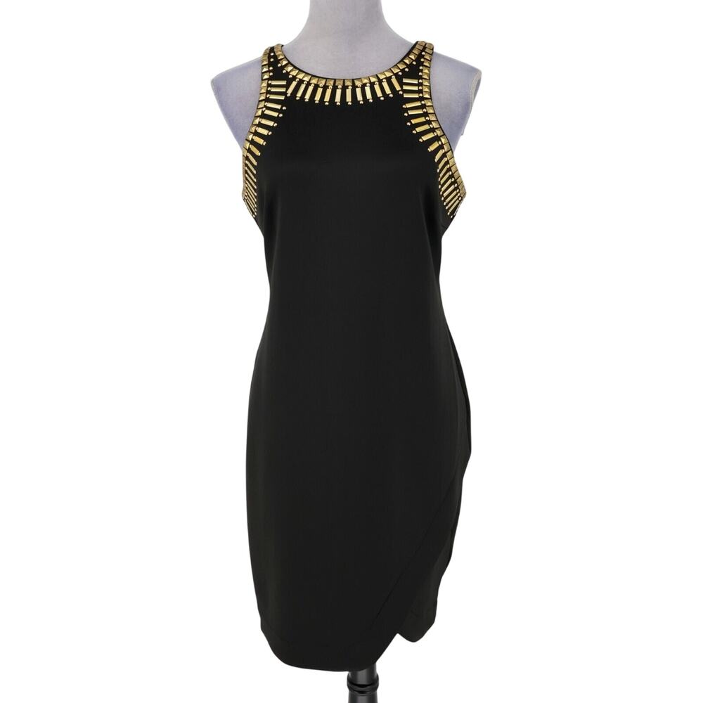 Thalia Sodi Dress Womens Large Black Stretch Bodycon Zip Gold Beading Party New